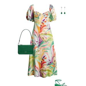 Charles Henry Tropical Midi Dress Puff Sleeve Smocked Back Size M